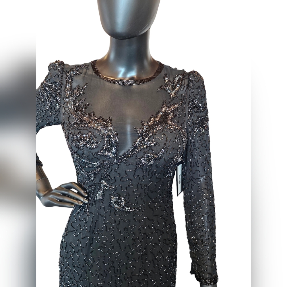 Vintage A.J. Bari 100% Silk Full Beaded Asymmetrical Formal Gown